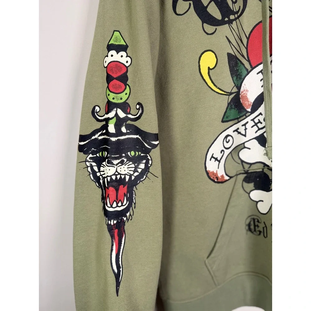 Ed‎ Hardy Mens Love Kills Slowly Tattoo Hoodie Olive Green Skull Graphic L Retro